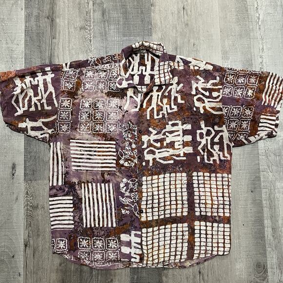 VTG Exotic Indonesian Batik Abstract Purple Rayon 70s/80s Mens Button Shirt - Picture 1 of 4